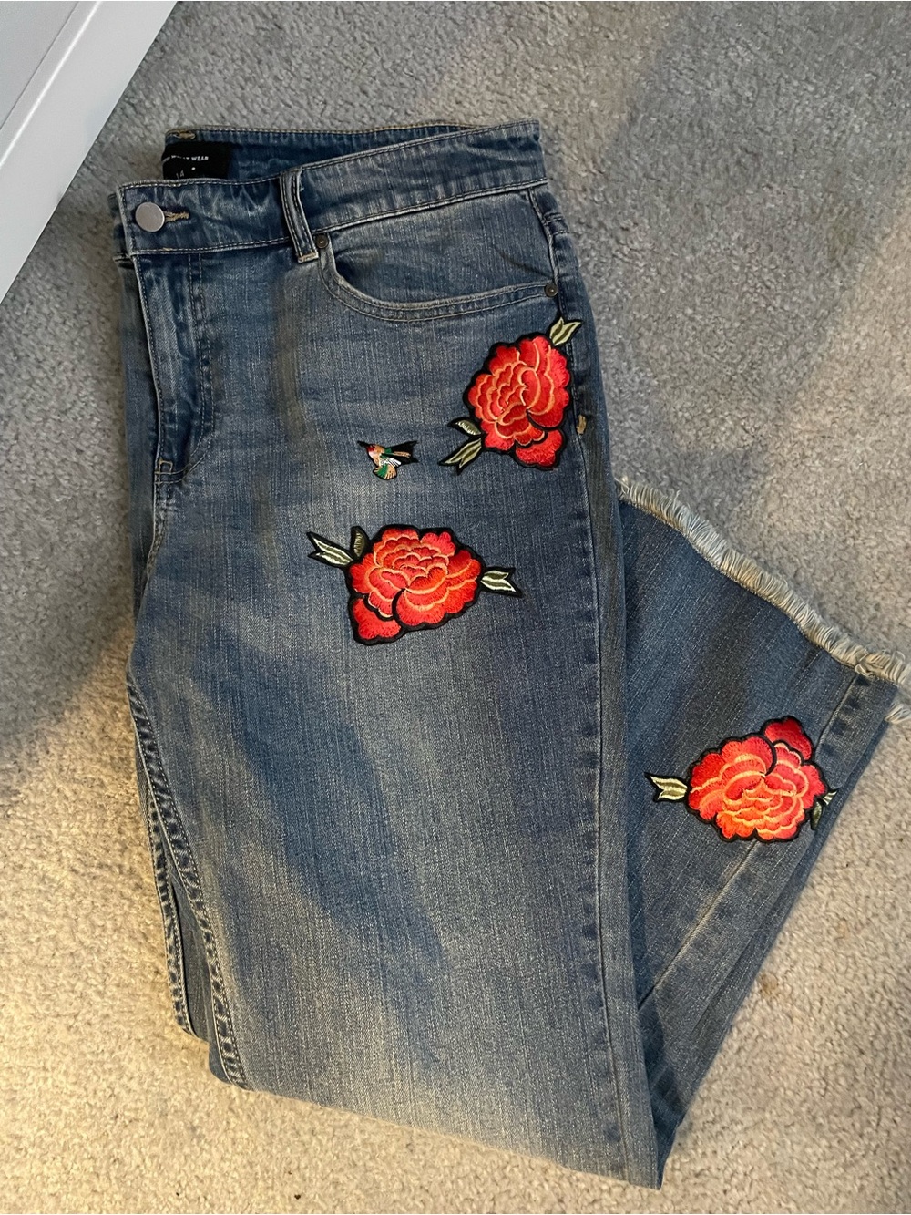 Who What Wear Blue Straight Jeans with Red Rose Embroidery
